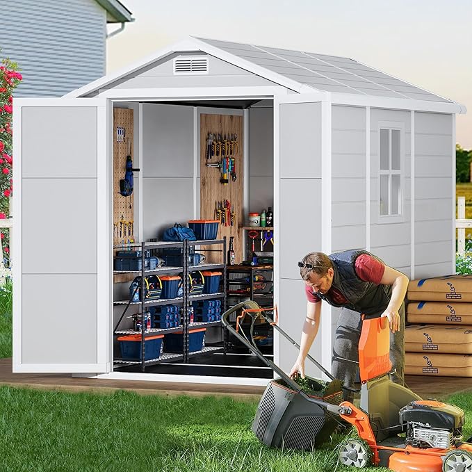 8x6 FT Resin Outdoor Storage Shed with Floor, Weather-Resistant Plastic Garden Shed with Windows, Lockable Door and Vents, Outside Tool Storage Sheds for Backyard, Garden, Lawn, Grey
