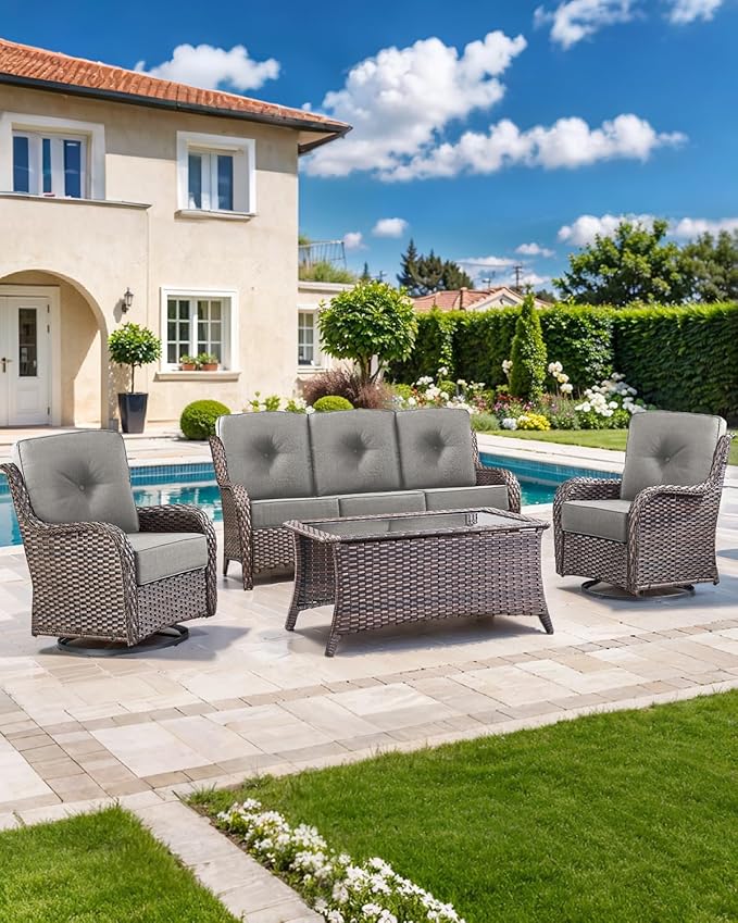 Luxury 22x24/22x25 6-Inch Patio Chair Cushions Set of 3 - Memory Foam Deep Seat Water Repellent Patio Cushion for Lawn Dining Rocking Swivel Chairs Loveseat 3-Seater Sectional Sofa - Grey