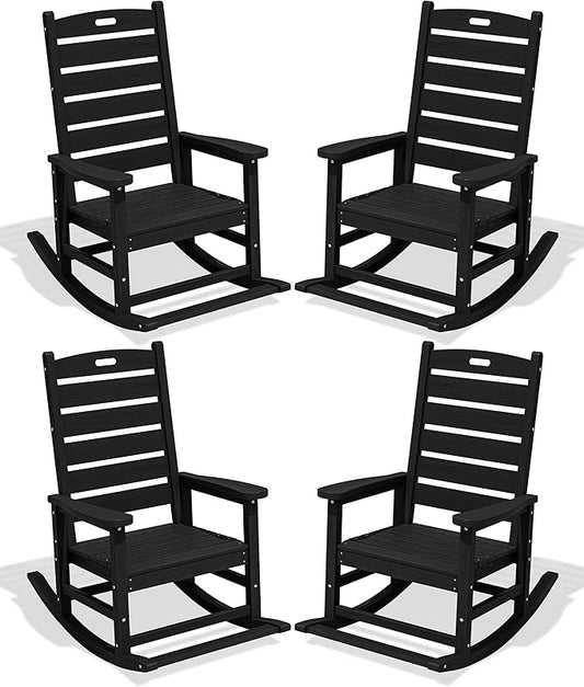 SERWALL Outdoor Rocking Chair Set of 4, Oversized HDPE Patio Rocking Chair with Footrest for Adults, All Weather Porch Rocker for Deck Patio Balcony, Black