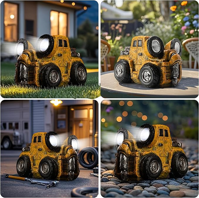 Garden Statue Outdoor Construction Vehicle Decor with Solar Light Decoration for Yard Patio Lawn Vintage Engineering Decor Gifts for Women