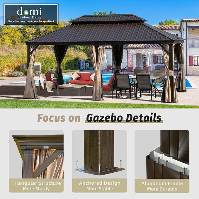 Domi Outdoor Living 12’ X 18’ Hardtop Gazebo, Outdoor Aluminum Frame Canopy with Galvanized Steel Double Roof, Outdoor Permanent Metal Pavilion with Curtains and Netting for Patio, Backyard and Lawn