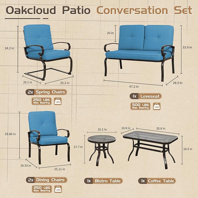 7-Piece Outdoor Metal Furniture Sets Patio Conversation Set, Wrought Iron Loveseat, 2 Dining Chairs, 2 Spring Chairs and Coffee Table, Peacock Blue