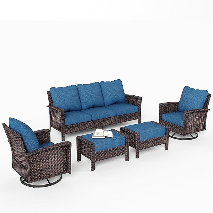 HERA'S HOUSE Wicker Patio Furniture Set, 35" High Back Swivel Chairs with 5.5" Thick Cushions, 5 Pieces Outdoor Seating Furniture, Deck Conversation Set with Ottomans for Lawn Yard Porch, Blue
