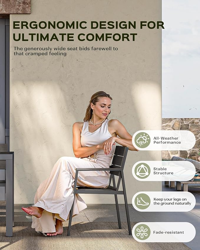 Outdoor Dining Set, Patio Table and Chairs of 4, Aluminum Outdoor Furniture Set with Umbrella Hole, HDPS Patio Dining Table Set for 4 (Charcoal)