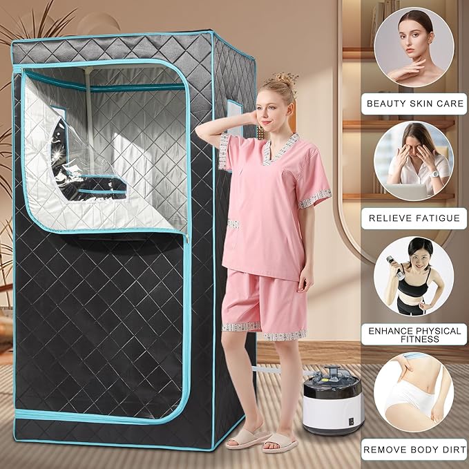 Portable Steam Sauna Box – Home Sauna Tent with 4L & 1500W Steamer, Remote Control Time & Temperature Settings, Foldable Chair Included for Relaxation