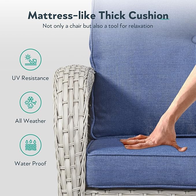 5 Piece Patio Furniture Set - Wicker Patio Conversation Set with Swivel Glider, Loveseat Bench, Tempered Glass Side Table and Coffee Table for Deck Backyard - Light Beige Wicker Blue Cushion
