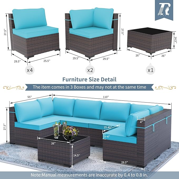 Outdoor Patio Furniture Set, 7 Pieces Outdoor Furniture All Weather Patio Sectional Sofa PE Wicker Modular Conversation Sets with Coffee Table,6 Chairs & Seat Clips(Turquoise Blue)