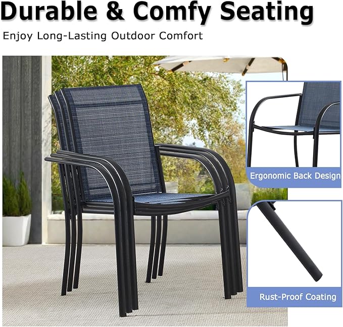 Patio Chairs Set of 6, Outdoor Dining Chairs with Breathable Textilene Fabric, Stackable Patio Chairs for Lawn, Garden, Backyard, Poolside, Dark Blue