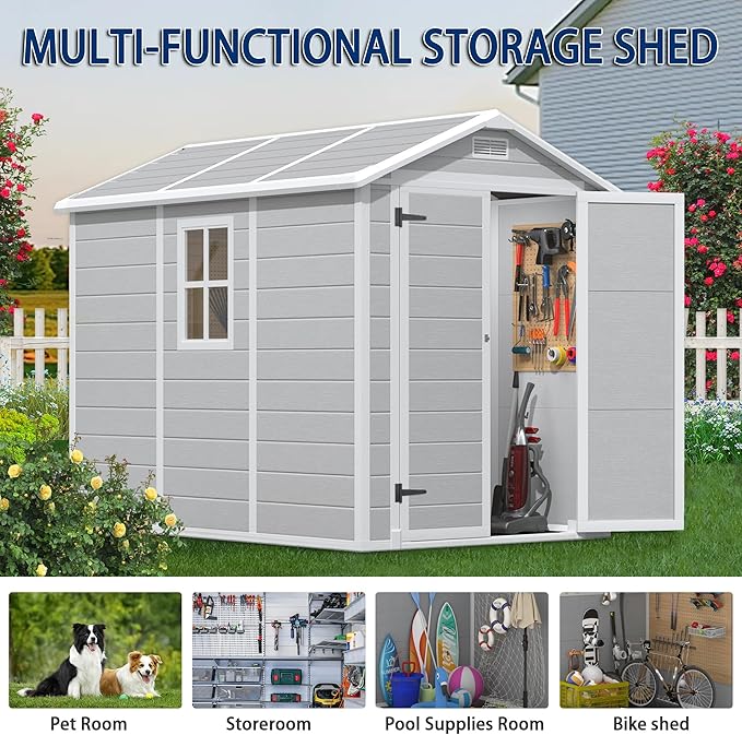 8.7x5.5 FT Resin Outdoor Storage Shed with Floor, Weather-Resistant Plastic Garden Shed with Windows, Lockable Door and Vents, Outside Tool Storage Sheds for Backyard, Garden, Lawn, Grey