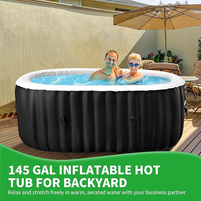 2 Person Inflatable Hot Tub with LED Lights, Oval Blow Up Portable Hot Tub, Leak-Proof PVC Outdoor Spa with 100 Strong Air Jets, Pump and Insulated Cover, Side Table, 75” X 47”X 25”