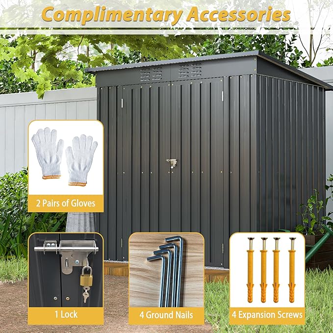 6x4 FT Outdoor Metal Storage Shed with Frame Floor & Sloping Roof, Lockable Double Door, Weatherproof Steel Garden Shed for Tools, Lawn Equipment & Patio Supplies