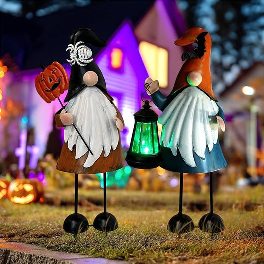 HONGLAND Halloween Decorations Outdoor Solar Gnomes with LED Lantern, Gnomes Metal Yard Art Halloween Outdoor Decor Patio Holiday Gardening Gifts for Mom Women
