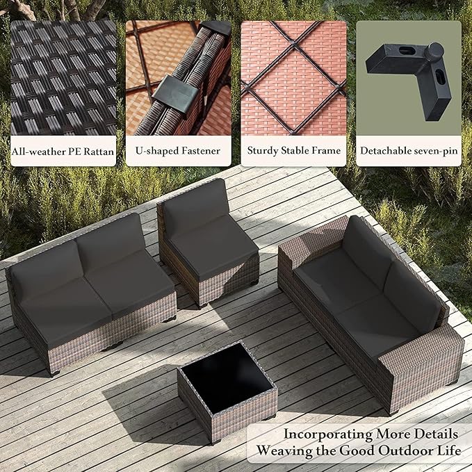 Outdoor Patio Furniture Set, 6 PCS Outdoor Furniture All Weather Patio Sectional Sofa PE Wicker Modular Conversation Sets with Coffee Table,5 Chairs & Seat Clips Black