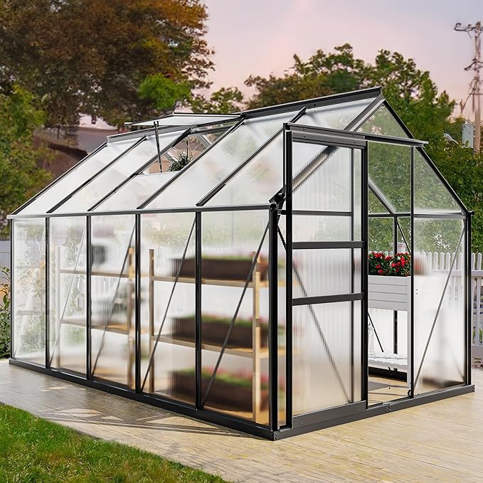YITAHOME Polycarbonate 6X10FT Greenhouse Heavy Duty Green Houses Outdoor Greenhouses Aluminum Sliding Doors Vent Window for Garden Backyard, Black