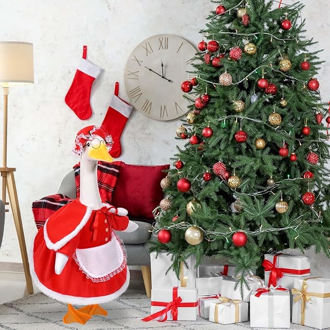 Mrs. Claus Porch Goose Outfits Christmas Lawn Goose Clothes Fits 23" Cement Plastic Goose Statue for Christmas Outdoor Garden Yard Patio Statue Art Decoration