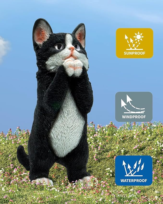 Elenon Cat Garden Statue Decorative for Yard, Praying Black & White Cat Figurines Home Lawn Decor, Patio Kitten Tuxedo Statues Pets Memorial Ornament for Cat Lovers