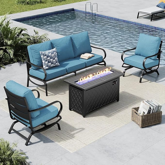 MFSTUDIO 4 Piece Patio Conversation Sets, All Weather Metal Frame Outdoor Furniture Set Patio Sofas with 1 x 45 Rectangular Fire Pit Table, 1 x 3-Seat Sofa, 2 x Rocking Chairs, Navy Cushion