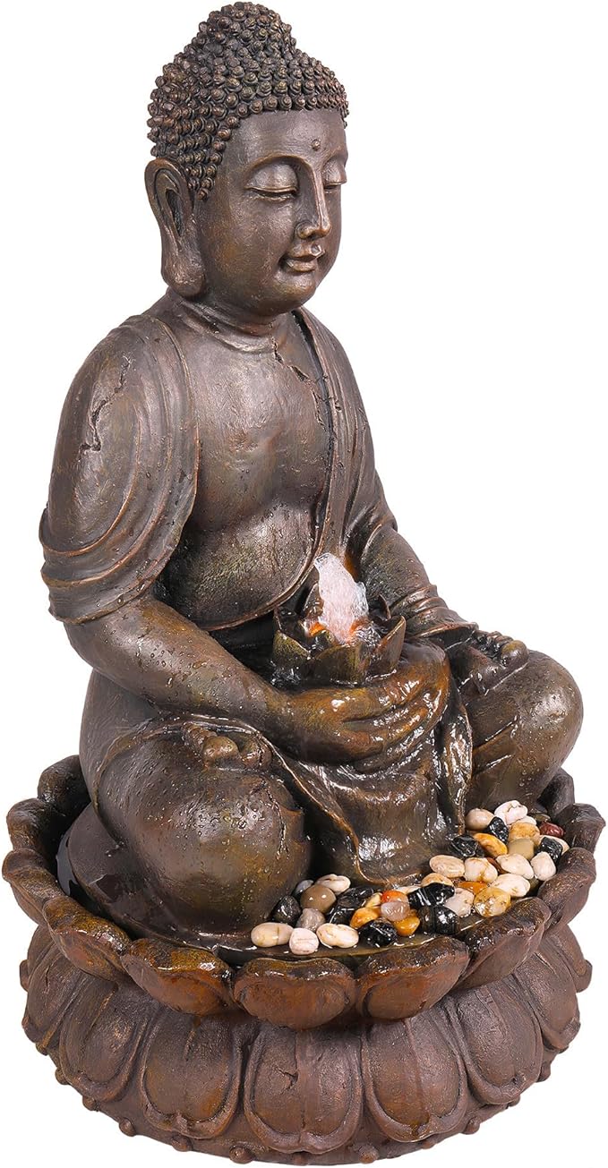 Alpine Corporation GEM122 Outdoor Floor Meditating Soothing Buddha Statue Waterfall Fountain for Garden, 33", Bronze