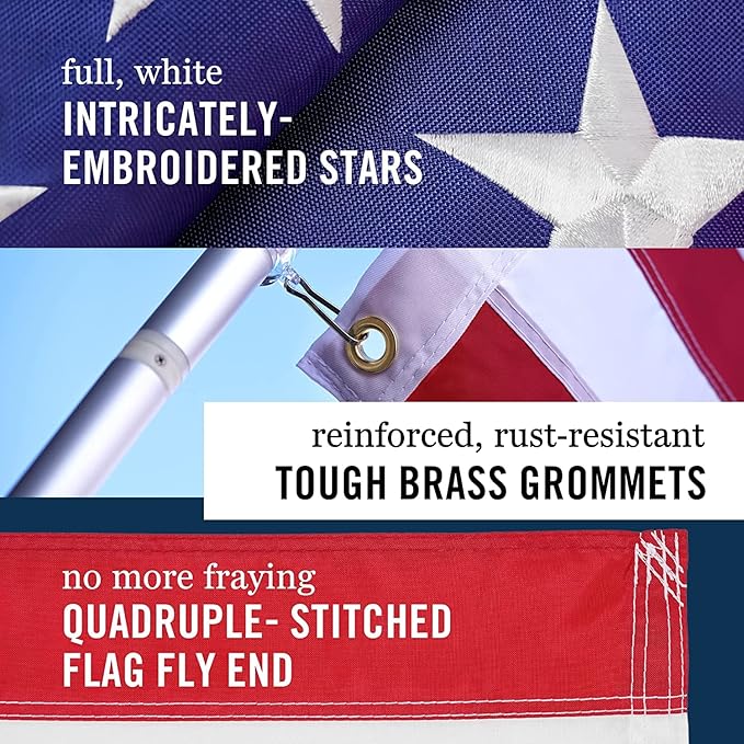 American Flag 5x8’ | Embroidered Stars & Sewn Stripes | Heavy Duty U.S. Flag | Durable 210D Oxford Nylon for High Winds | Quadruple Stitched Fly End Brass Grommets | Patriotic Decor