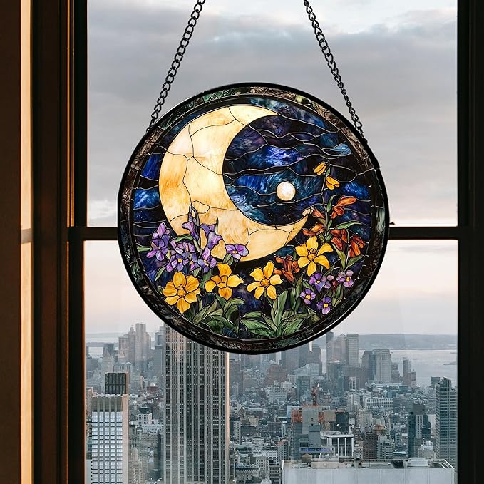 Stained Glass Window Hanging - Blue Night Sky Moon Suncatcher for Door Terrace Garden Home Decor Wildflowers Sun Catcher Birthday Gifts for Lovers Women Men Dad Mom Nana 7.8 in