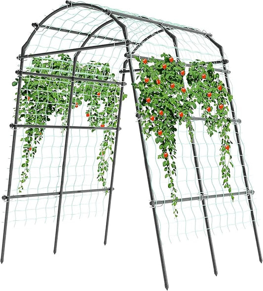 7.22 Ft Tall Garden Trellis, Garden Arch Tunnel for Climbing Plants, Garden Arch Walkway Trellis with Netting, PE-Coated Steel Garden Arbor for Vegetables, Cucumbers, Garden Raised Bed(Black)