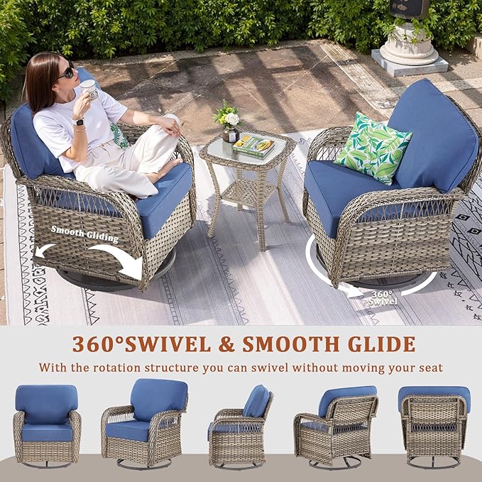 8 Pieces Patio Furniture Set Outdoor Sectional Sofa Couch with Rocking Swivel Chairs 5" Deep Seat Chairs, Modern Wicker Rattan Conversation Set, Blue/Gray Wicker