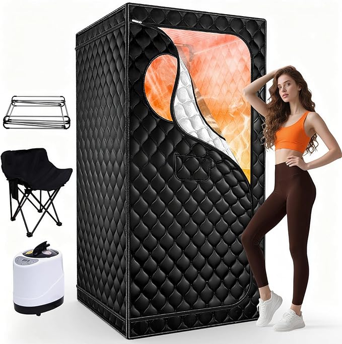 Portable Sauna for Home, Upgraded Personal Steam Sauna Box with 3L 1200W Steamer, Folding Chair, Extra Large Size Foldable Home Sauna 3’X 3’X 5.9’, Full Body Sauna Tent for Relaxation Spa, Black
