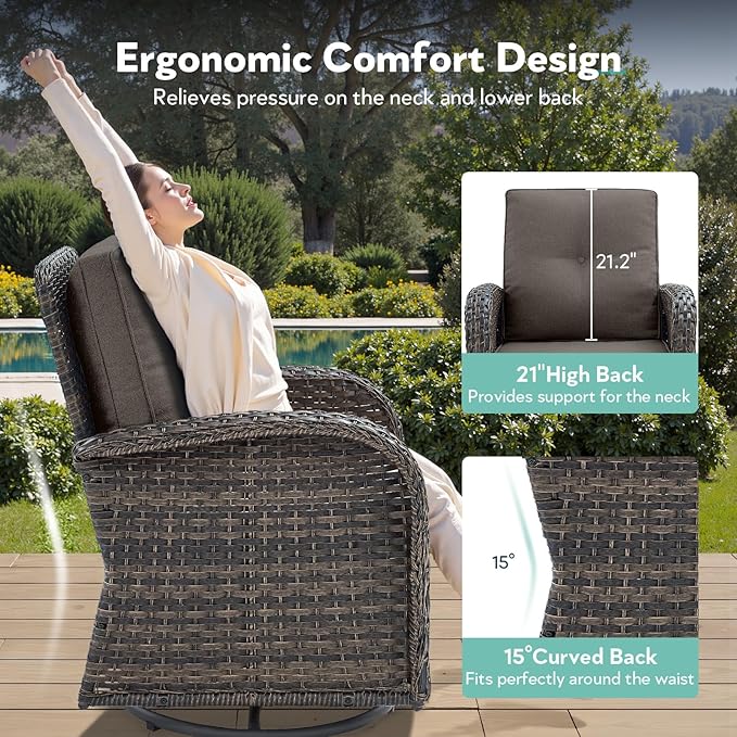 7 Piece Patio Furniture Set with Fire Pit Table - Wicker Patio Conversation Set with 4 Swivel Glider Chairs and 2 Tempered Glass Side Tables for Deck Backyard - Brown Wicker Grey Cushion