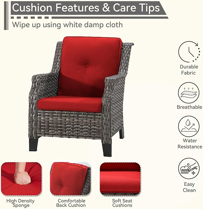 4 Piece Patio Furniture Set, 2 Chairs and 2 Ottomans PE Wicker Footstool, Outdoors Rattan Conversation Set with Deep Seating and Olefin Cushions, for Backyard, Garden, Red