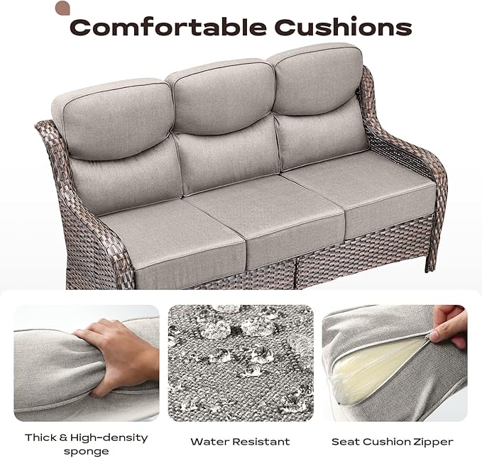 Rilyson Wicker Outdoor Patio Furniture Set - 7 Piece Patio Conversation Sets with Swivel Rocker Chairs, Ottomans and Sofa, 6 inch Cushions, Waterproof Wicker, for Porch Deck Brown/Beige