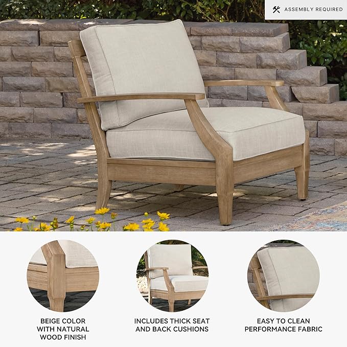 Signature Design by Ashley Carter Hall Outdoor Eucalyptus Neutral Patio Lounge Chair with Thick Performance Fabric Cushion, Beige