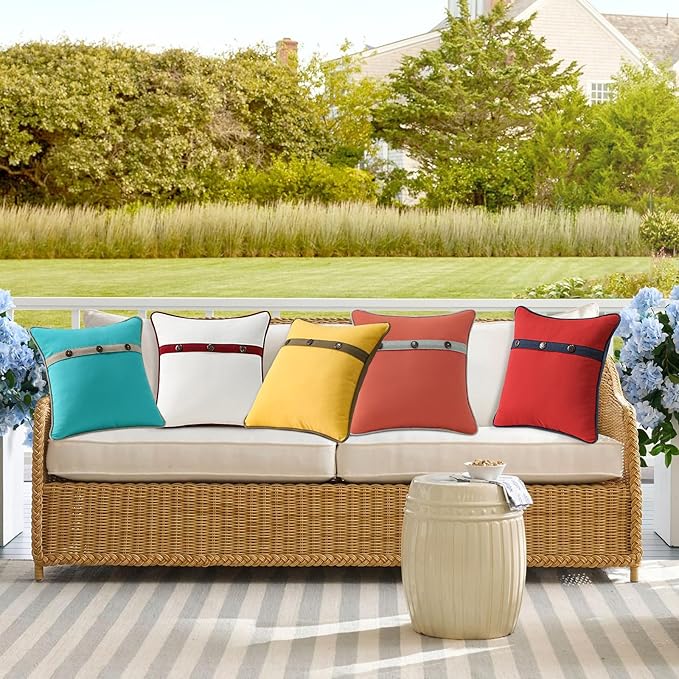 Outdoor Sunbrella Decorative Pillows with Triple Coconut Buttons Pack of 4, 16" x 16" Outdoor Pillow Set for Couch Bed Throw Patio Sofa, Canvas Aruba/Cast Ash