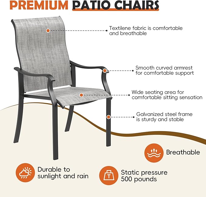 UDPATIO Patio Dining Chairs Set of 2, High Back Wide Seat Outdoor Furniture Chairs with All Weather Breathable Textilene, for Lawn Garden Backyard Deck, Grey White
