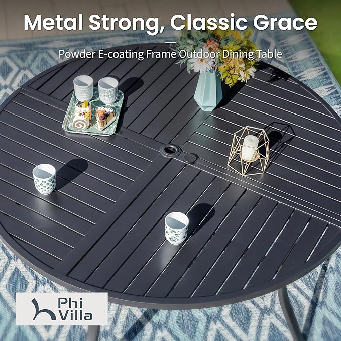 PHI VILLA 5 Pieces Outdoor Dining Set for 4, Round Metal Wrought Iron Table with Umbrella Hole & Swivel Metal Steel Chairs with Cushions, Large Modern Furniture for Patio, Deck, Backyard, Porch