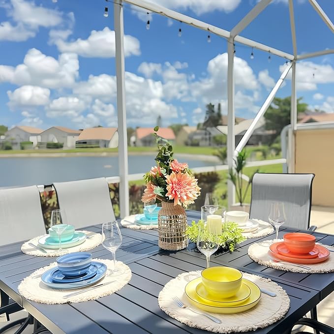 Patio Table and Chairs Set of 8, All-Weather Breathable Textilene Patio Chair with Gourd-Shaped Armrests, 60x60 Square Table with Umbrella Hole, 9 Pcs Metal Frame Patio Dining Set