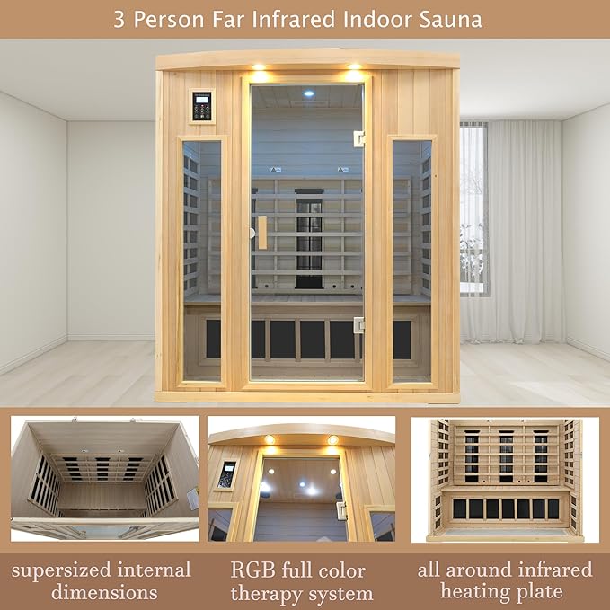 Ceramic Infrared Sauna 3 Person, Infrared Saunas for Home, Low EMF Far Infrared Sauna, Indoor Home Sauna Spa, Hemlock Wooden Sauna with Bluetooth Speaker, Chromotherapy Lamp, 2050W