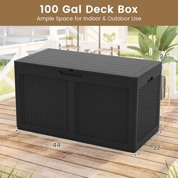 RELAX4LIFE 100-Gallon Resin Deck Box - Waterproof Outdoor Storage Box Container w/Lockable Lid & Wheels, Faux Rattan Porch Bench for Patio Furniture Cushions, Pool Accessories, Garden Tools (Black)