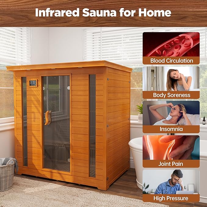4 Person Far Infrared Sauna Indoor, Low EMF Wooden Sauna at Home with Bluetooth, Therapy Light, LCD Panel