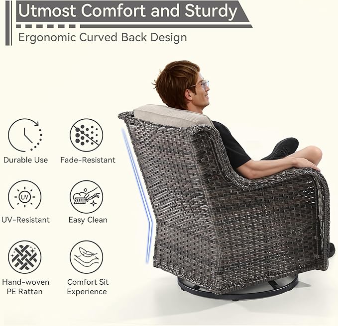 6 Pieces Outdoor Furniture Set - Patio Wicker Swivel Rocker Chair Set of 4 and 2 Side Table, Beige, Mixed Brown Rattan, Suitable for Porch, Yard