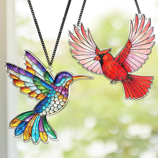 2 Cardinal Hummingbird Acrylic Suncatchers, Bird Window Hanging Ornaments, Fall Decorations for Home, Gifts for Bird Lovers, Women, Friends, Memorial Keepsake SS351