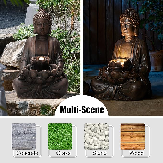 Glitzhome Buddha Fountain with Pump & LED Light, 2 Tier Zen Style Meditating Buddha Water Fountain Outdoor Fountains and Waterfalls Outdoor Buddha Statues for Garden Patio Backyard 28" H