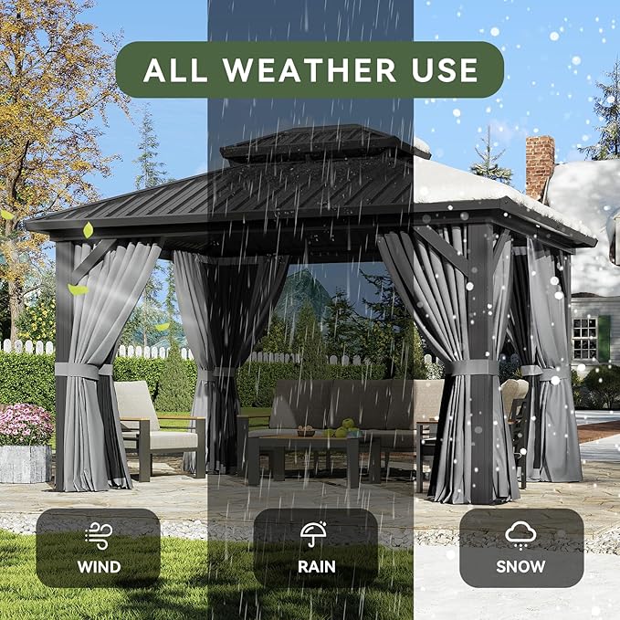 Aoxun 12'x10' Hardtop Gazebo with Light, Aluminum Frame Permanent Pavilion with Curtains and Netting, Outdoor Galvanized Double Roof Canopy, Designed for Garden, Lawns, Patio (Black/Grey)