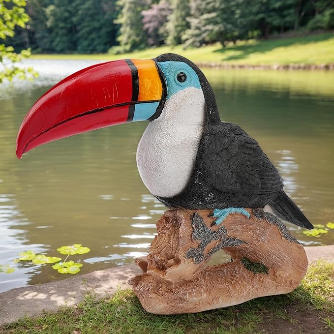 Real Toucan Statue, Vibrant Colorful Outdoor Bird Decor - 14.2" Resin Animal Sculpture, Weather-Resistant, Perfect Garden Patio Yard Ornament, Tropical Tiki Bar Accent, Unique Gift for Bird Lovers