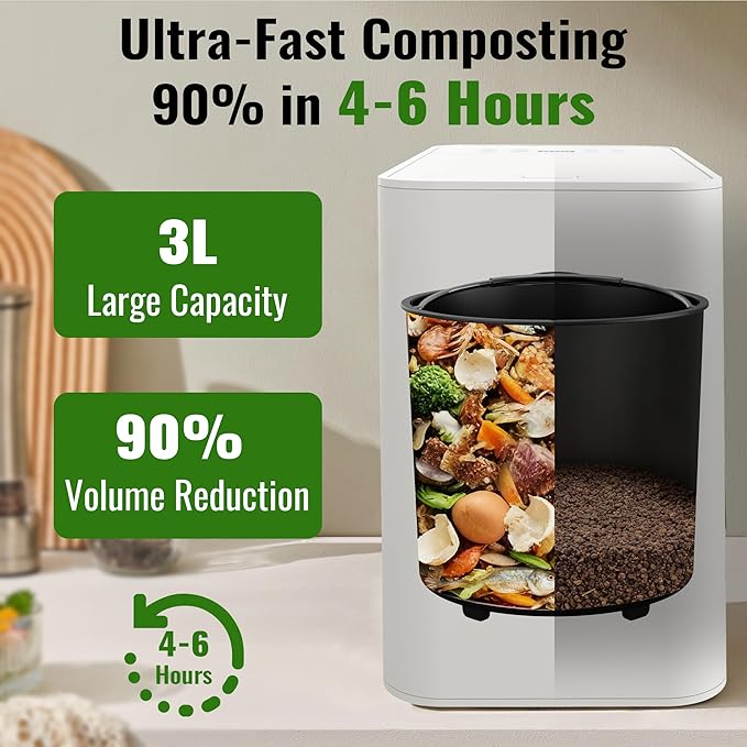 3L Electric Composter for Kitchen, Smart Compost Bin, Odorless|Low Noise|Auto-Cleaning|Fast 4-6H Food Waste to Fertilizer Conversion for Outdoor Use