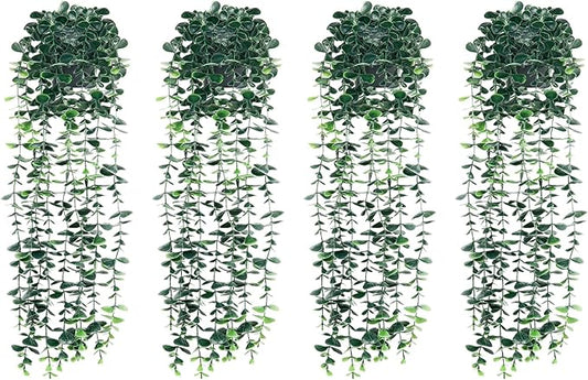 4pcs Artificial Hanging Eucalyptus Plants，Fake Plants Eucalyptus Small Decor Faux Hanging Vine Plants Wall Greenery for New Home Decoration，for Floating Shelf Indoor Outdoor