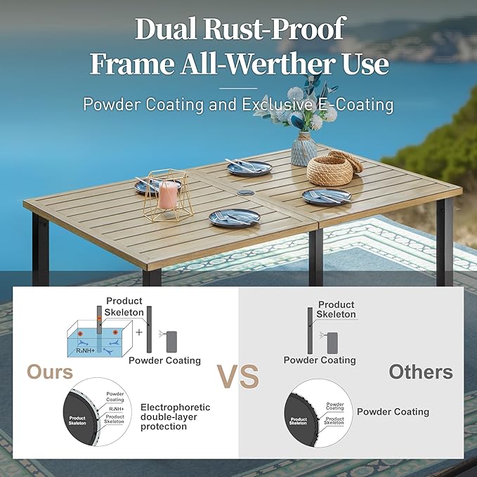 Patio Table and Chairs Set of 6, All-Weather Breathable Metal Mesh Patio Chair with Gourd-Shaped Armrests, 60x38 Wood-Like Table with Umbrella Hole, 7 Pcs Metal Frame Patio Dining Set