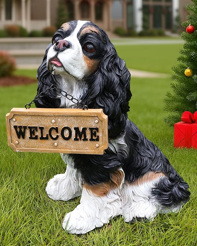 Charming Cavalier King Charles Spaniel Welcome Dog Statue with Solar Lantern, Hand-Painted Sitting Resin Puppy Figurine with Reversible Signs for Garden, Patio, and Porch Décor