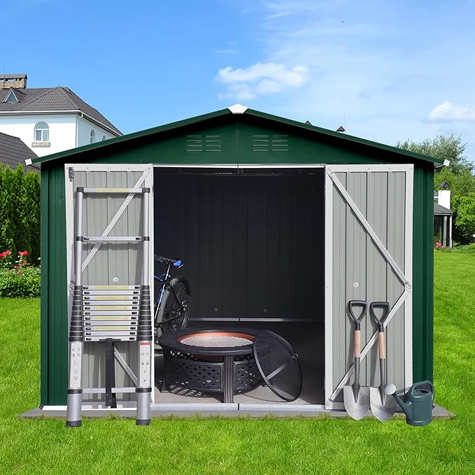 Favfurish 10x8 FT Metal Garden Sheds with Hinged Door and Padlock & Punched Vents,Aluminum Outdoor Storage Shed w/Eco-Friendly Painting,for Bike, Barbeque,Tool,Green+White