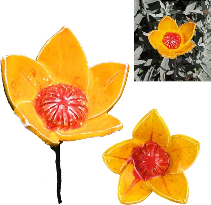 Ceramic Garden Decor - Flower Lawn Stake - Outdoor Statue - Perfect, Unique Gifts for Gardeners Woman, Men, Yard Gifts - Handmade, Frostproof