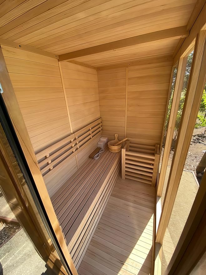 Outdoor Corner Steam Sauna, Canadian Hemlock Saunas 3-4 Person, 6KW ETL Toule Heater, 220V,Broad Bench, Glass Wall Sauna, Waterproof System, Asphalt Shingles,Left Door(0-195℉)